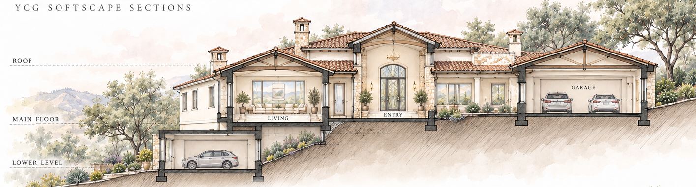 Detailed softscape concept section showing living spaces, garages and sloping ground