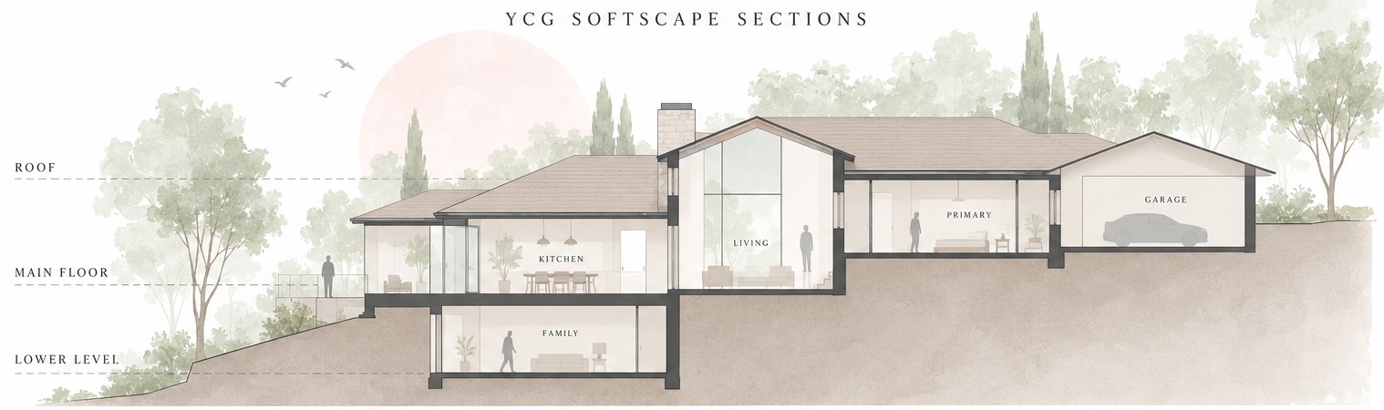 Softscape concept section showing a residence stepping with a hillside